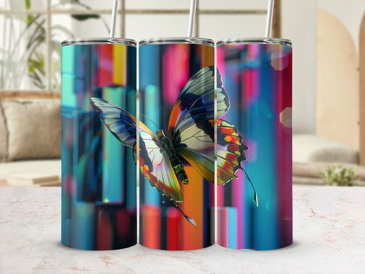 Three tumblers with colorful butterfly design and abstract striped background.