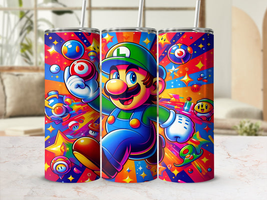 Mario character with stars and colorful graphics on a tumbler.