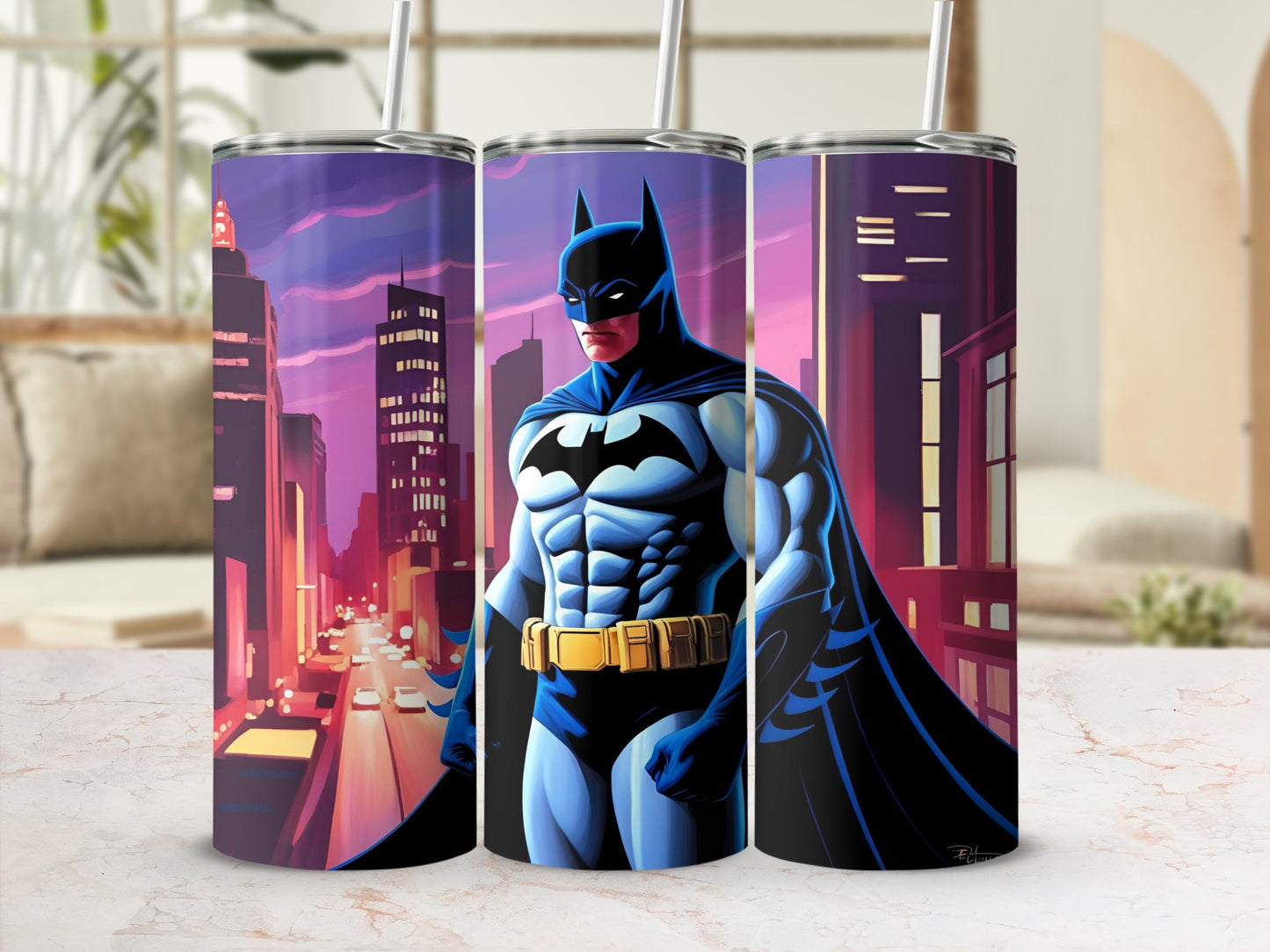 Batman in a blue and grey suit with a yellow belt stands against a city skyline.
