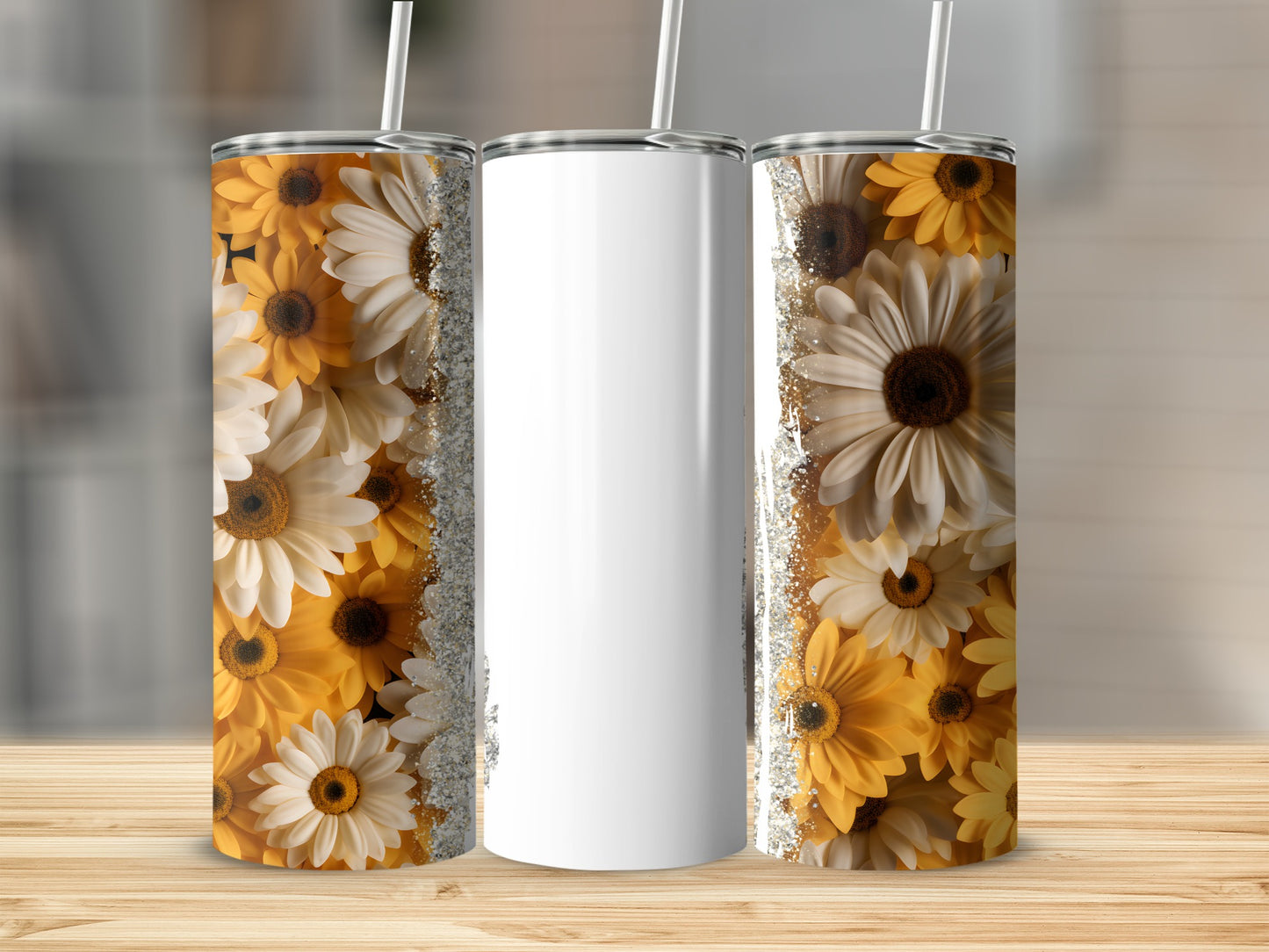 White tumbler with a floral pattern of yellow and white daisies.