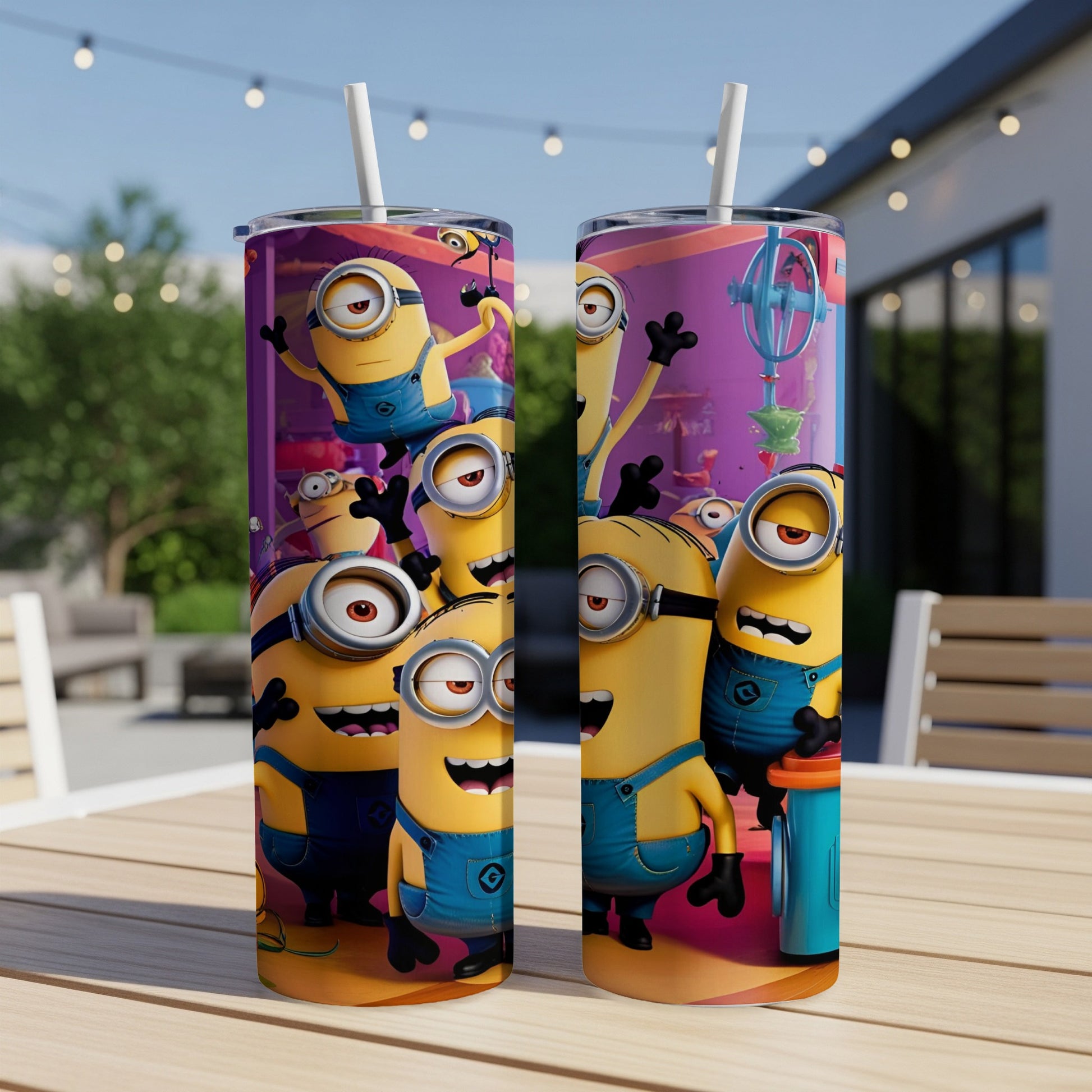 Minions characters on blue overalls on a tumbler with straw.