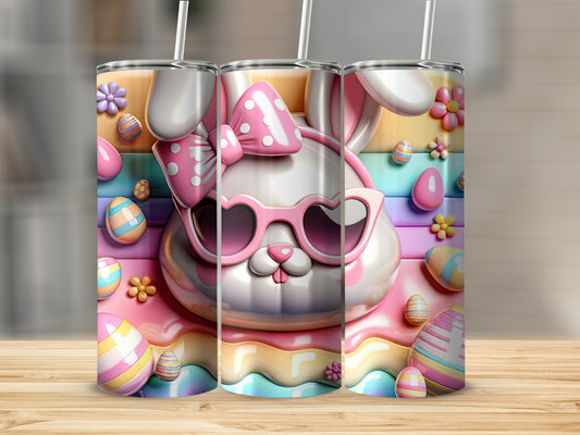 Pink bunny wearing sunglasses with colorful Easter eggs and pastel stripes.