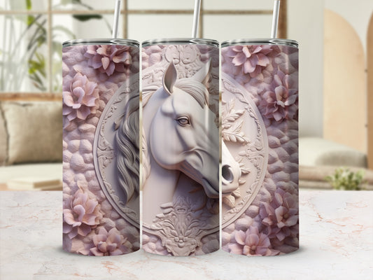 3D embossed horse head and floral relief on a pink textured tumbler.