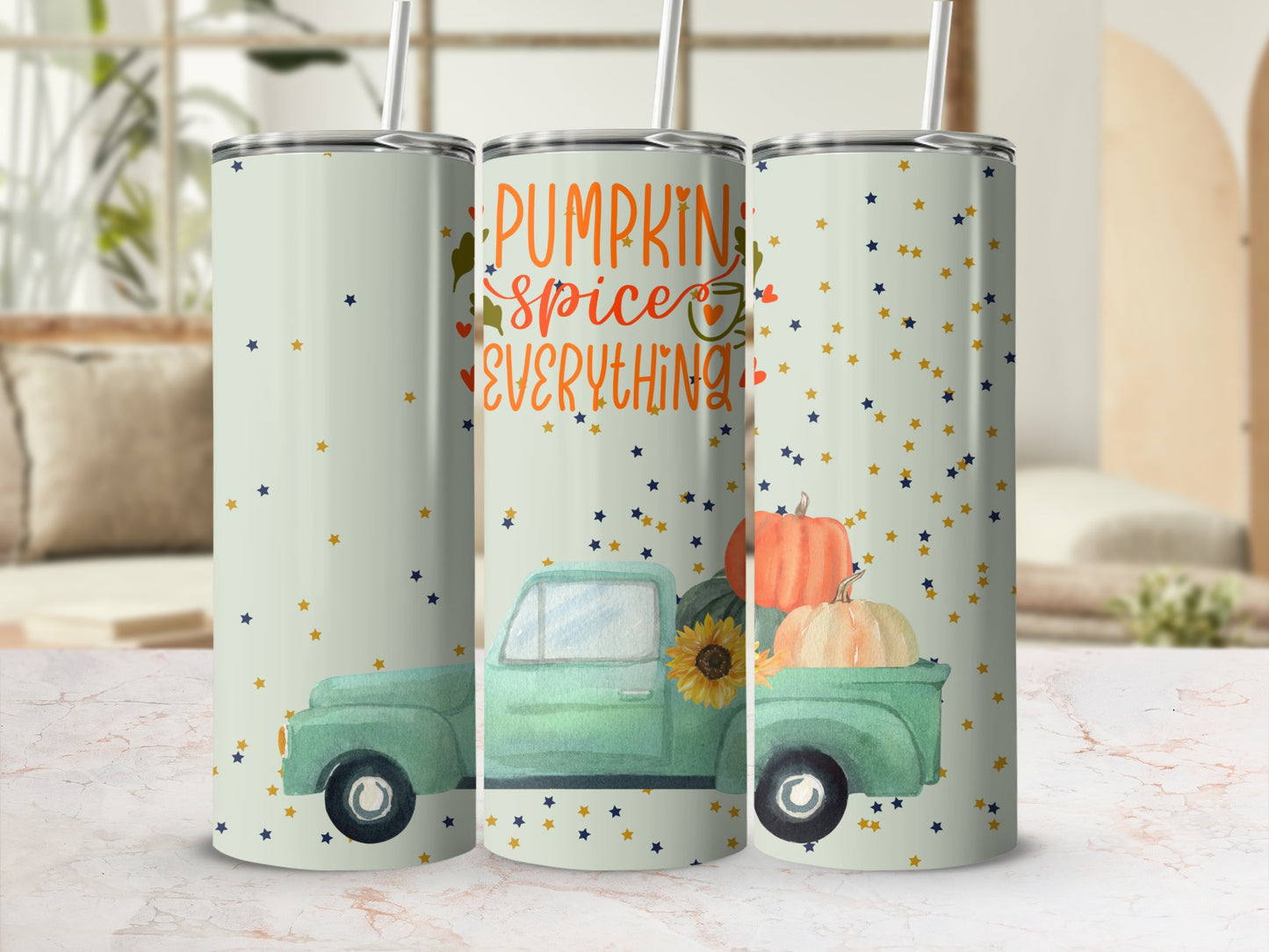 Green tumbler with pumpkins, sunflowers, and text "Pumpkin Spice Everything".