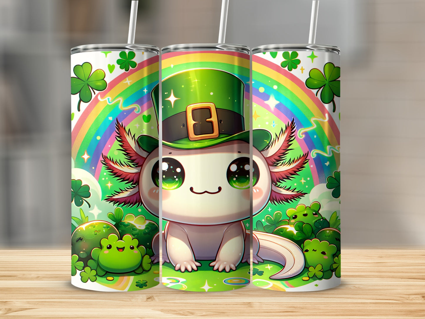 Cute axolotl wearing a green St. Patrick's Day hat with rainbows and shamrocks.