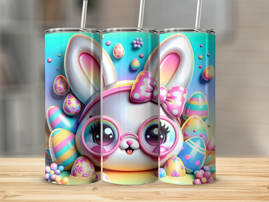 Cute Easter bunny with glasses and pink bow surrounded by colorful eggs.