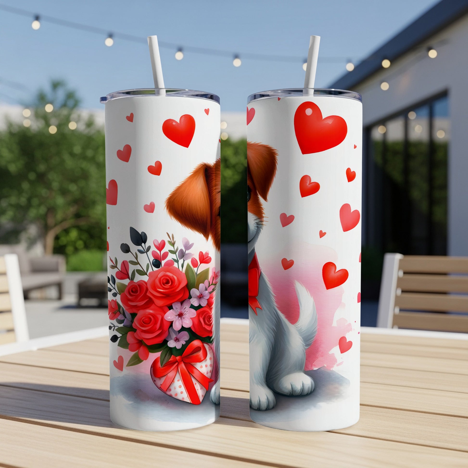 Two tall tumblers decorated with a puppy, roses, hearts, and a gift box.