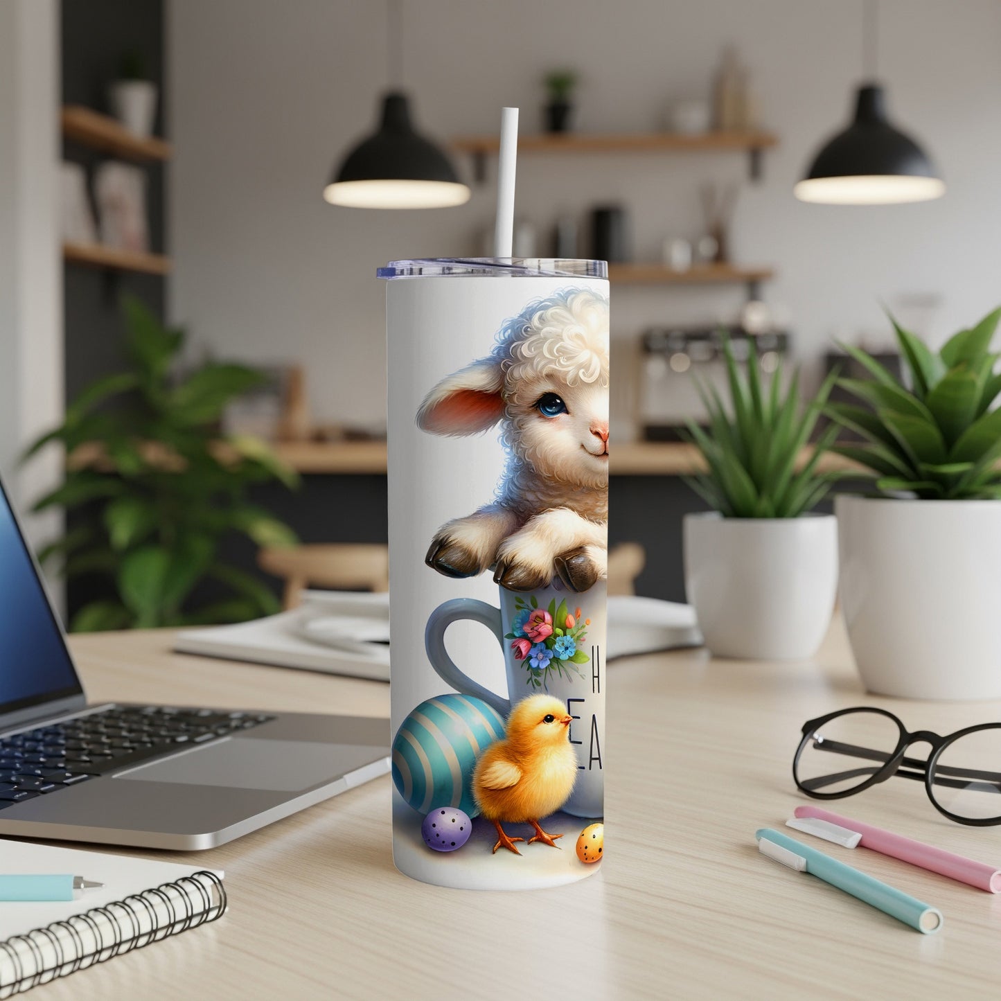 Easter tumbler with lamb, chick, and painted eggs.