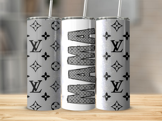 Three tumblers with "MAMA" in repeating LV monogram pattern and glitter.