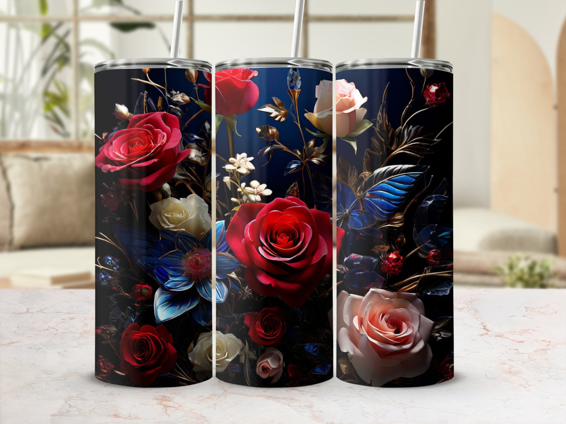 Tumbler with dark background and large red, white, and pink roses.