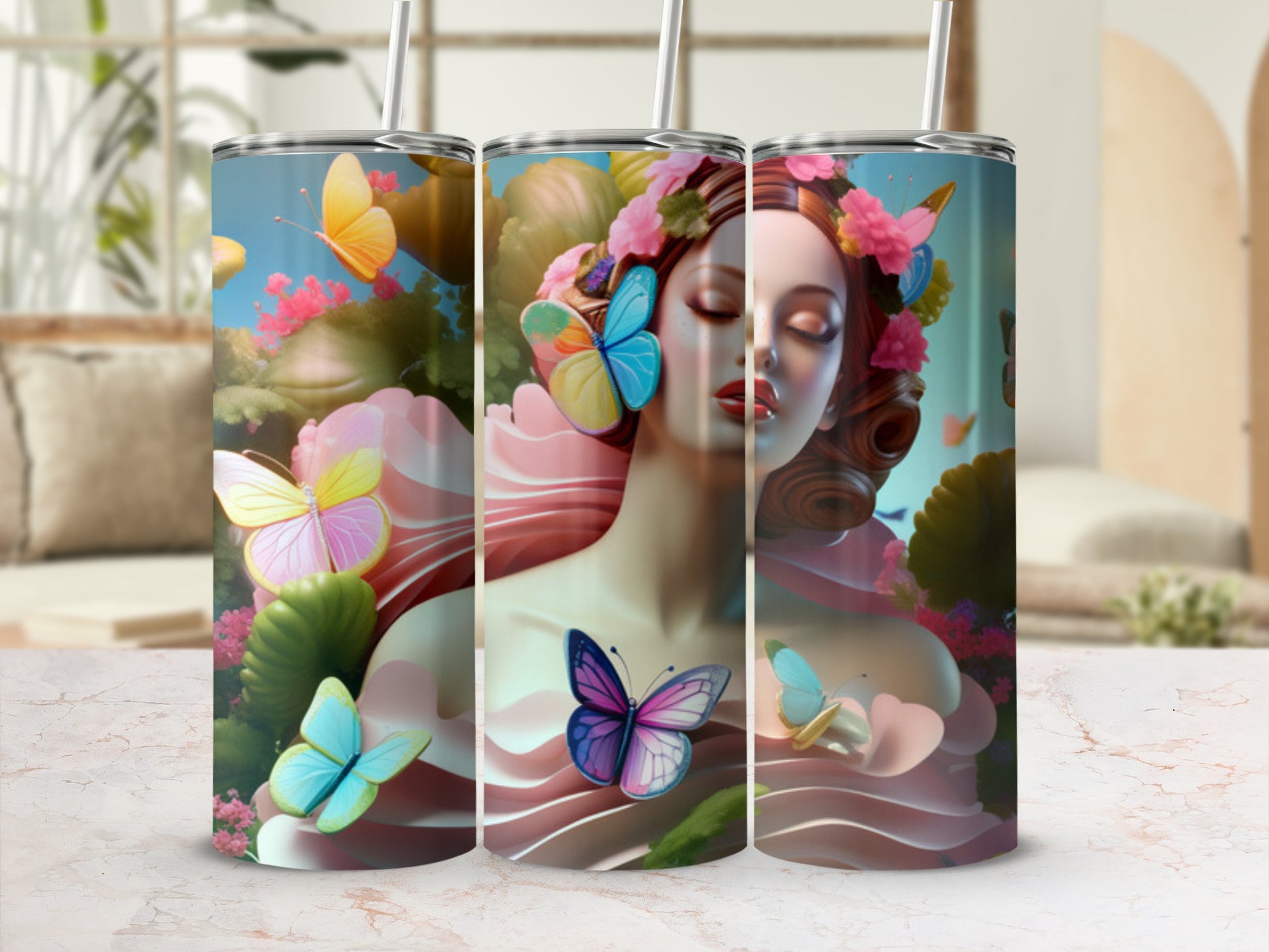 Woman with butterflies and flowers on a tumbler.