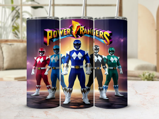 Power Rangers five rangers in full costume stand in formation with their logo above.