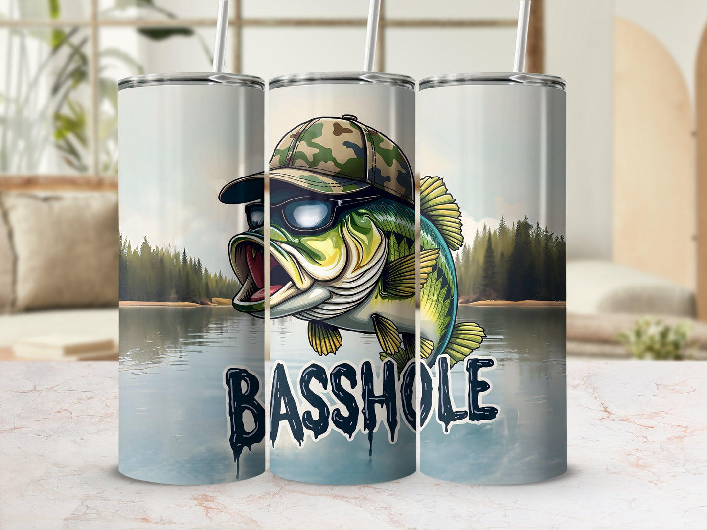 Bass fish wearing sunglasses and a camouflage hat on a skinny tumbler.