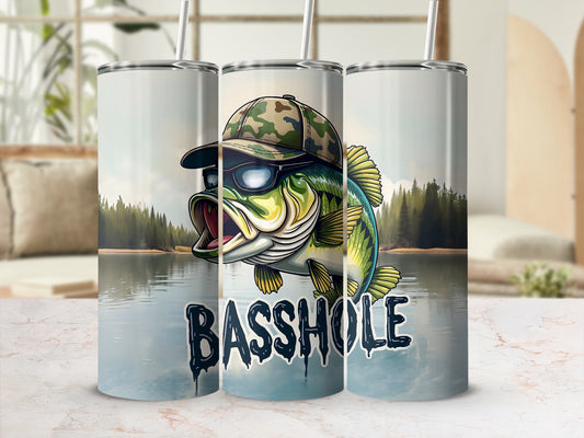 Bass fish wearing sunglasses and a camouflage hat on a skinny tumbler.