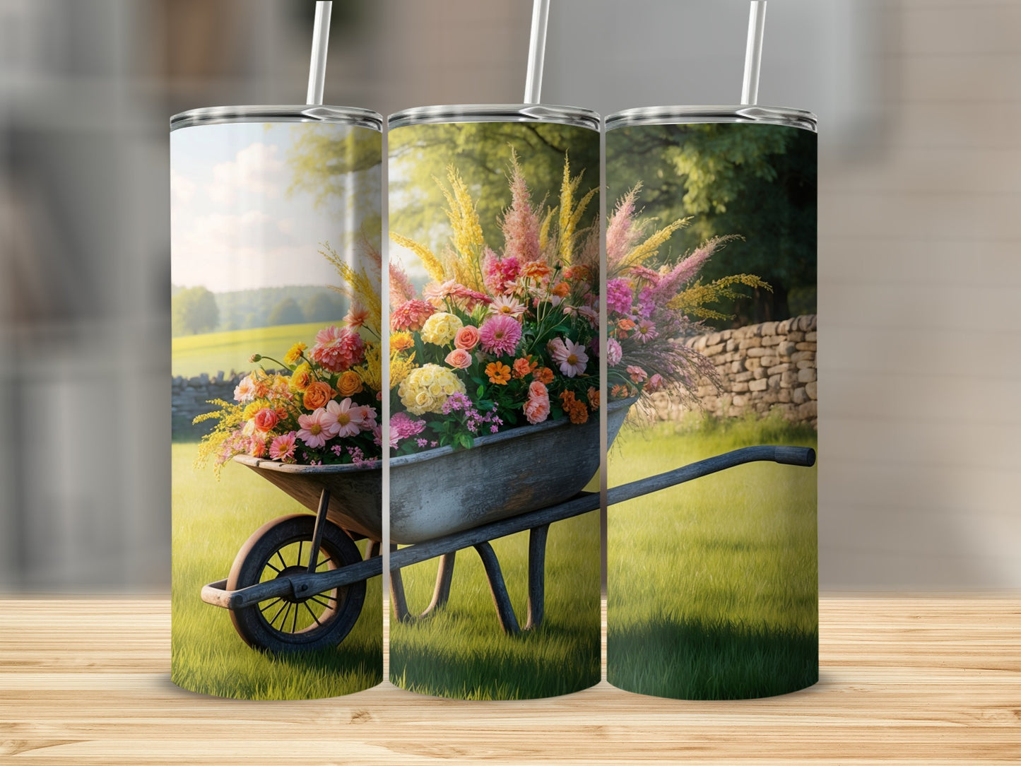 Wheelbarrow overflowing with colorful flowers in a grassy field.