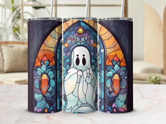 Ghost design tumbler with stained glass window motif.