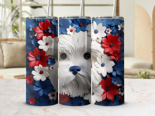 White fluffy dog face surrounded by red, white, and blue flowers.