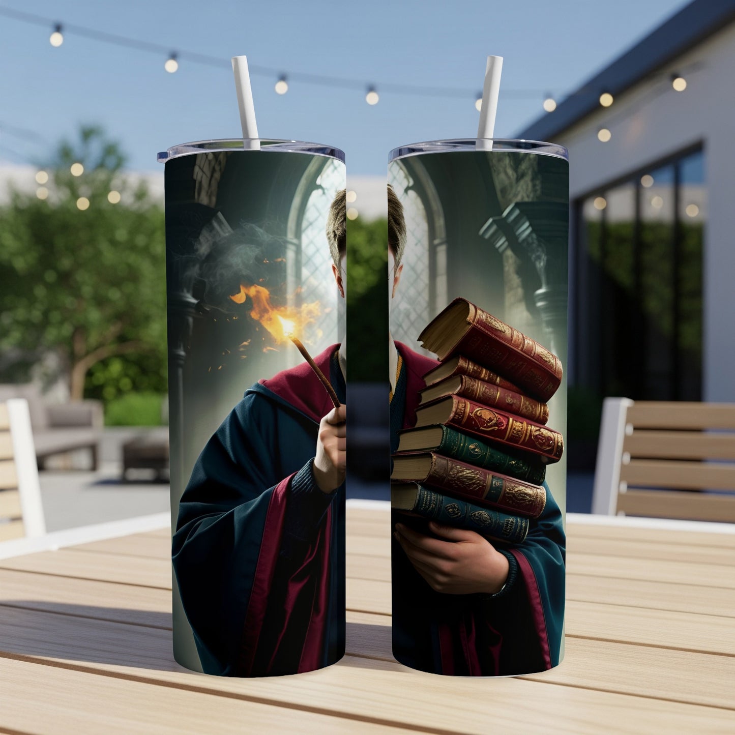 Boy in wizard robes holding wand with spark and stack of old books.