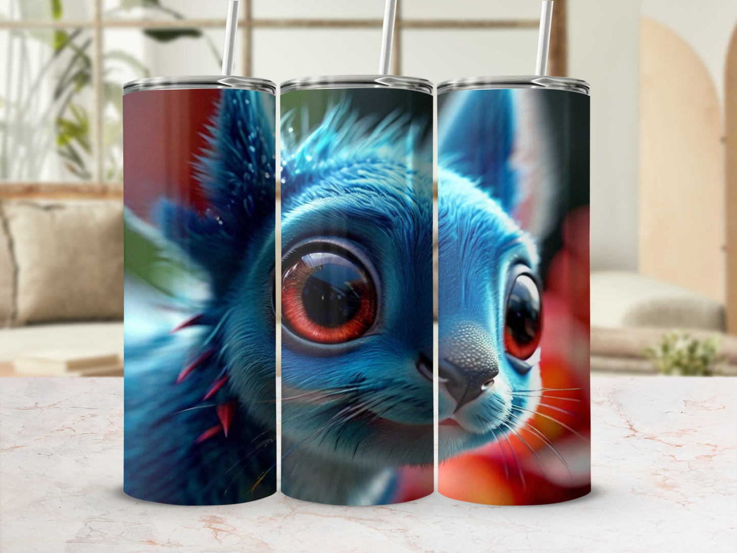 Three blue cartoon cat tumblers with large red eyes, displayed on a marble surface.