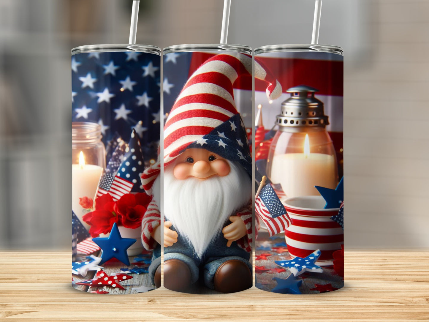 Patriotic gnome with American flags and stars, suitable for a tumbler.