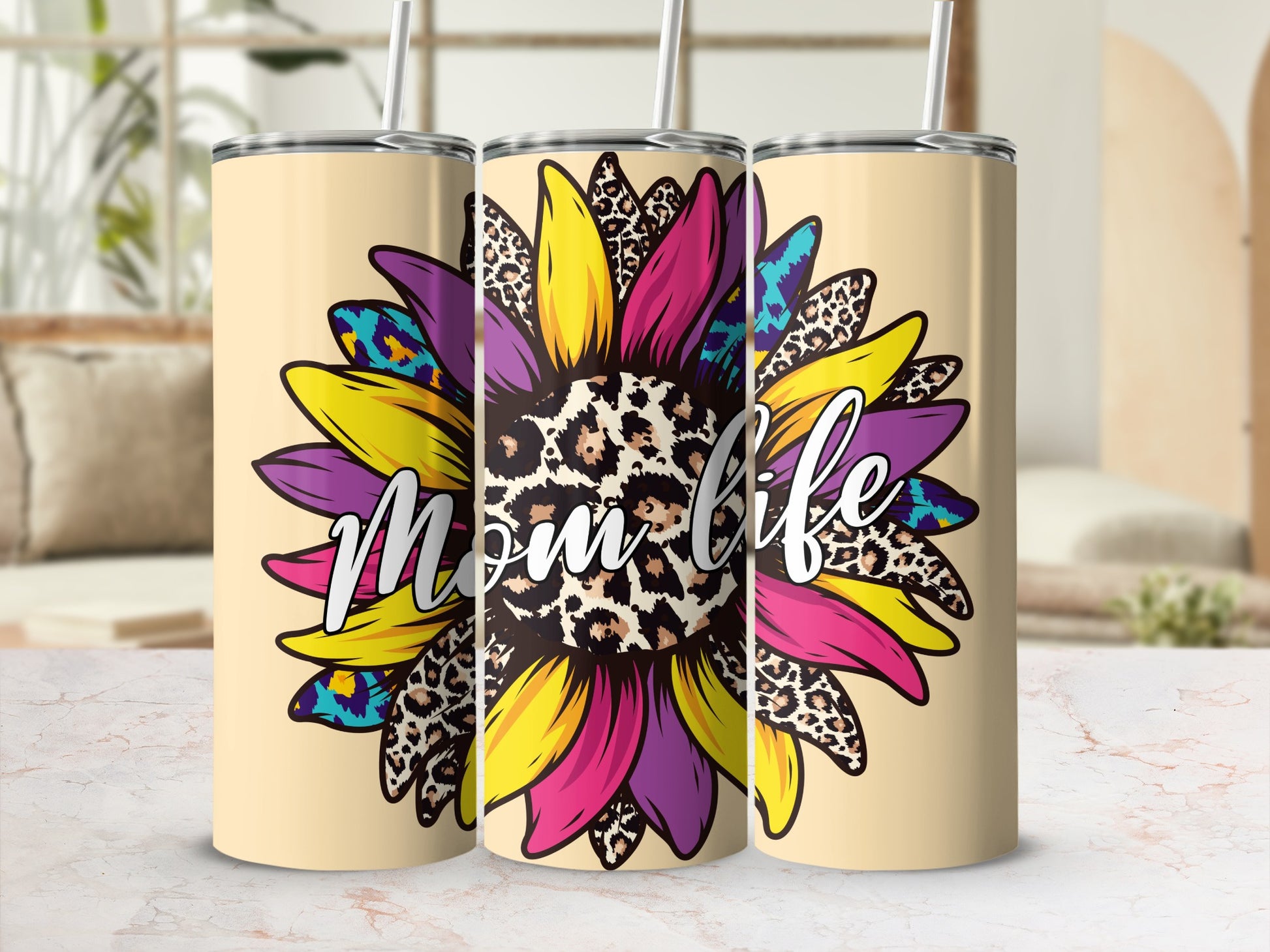 Colorful Mom Life Leopard Sunflower Tumbler Cup