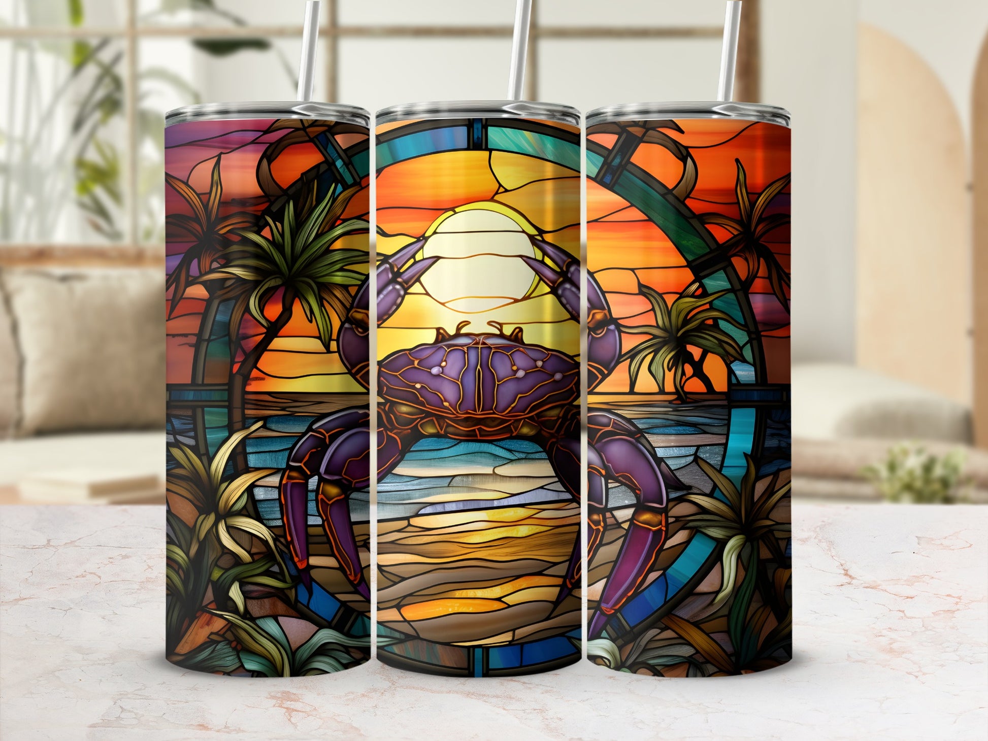Crab, sunset, and palm trees on three stained glass style tumblers.