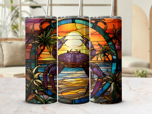 Crab, sunset, and palm trees on three stained glass style tumblers.
