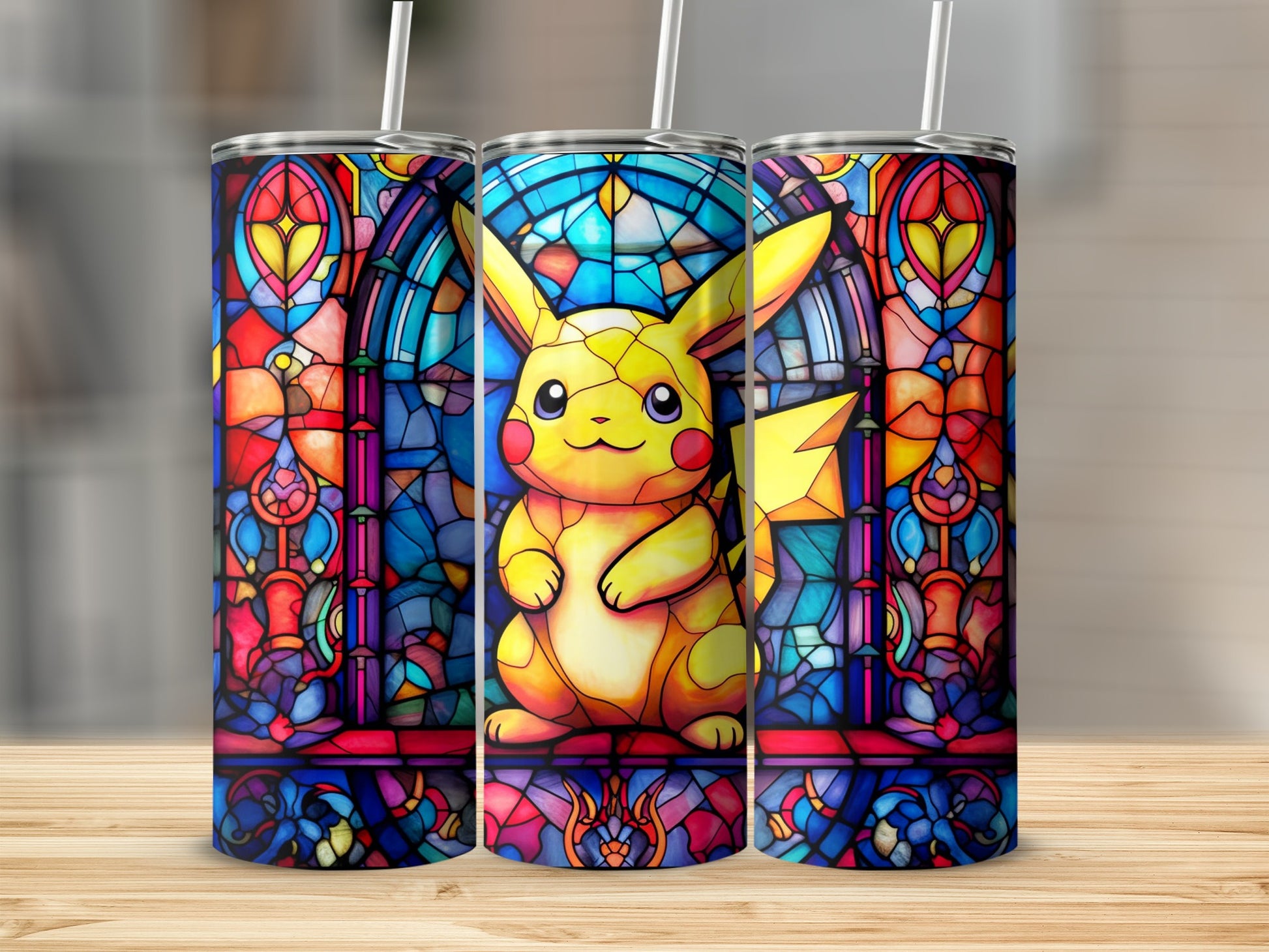 Vibrant Stained Glass Style Pikachu Tumbler Cup Design