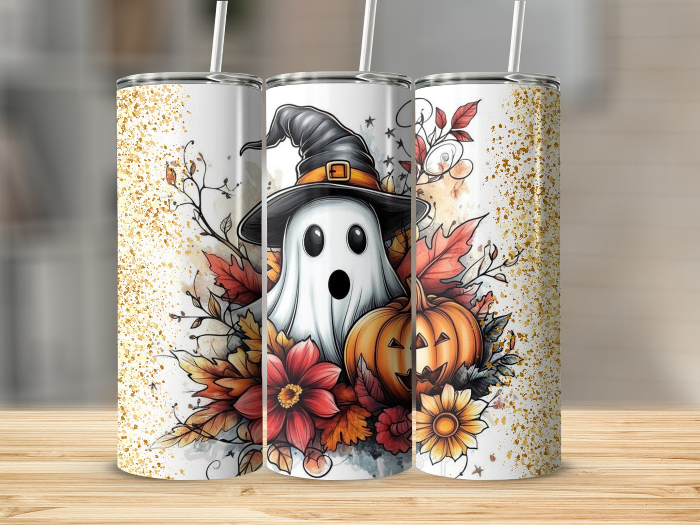 Halloween Ghost Pumpkin Floral Glitter Tumbler product