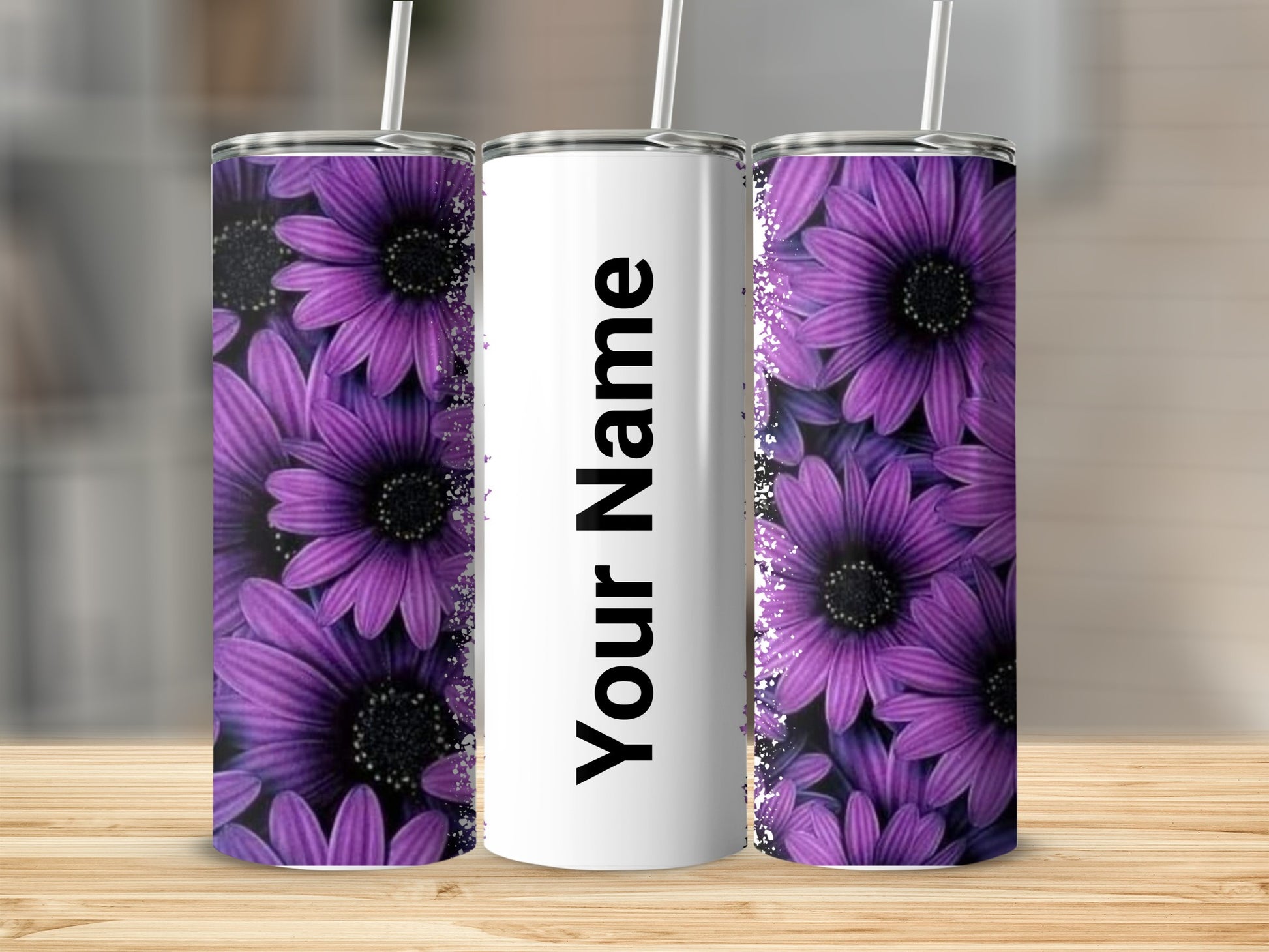 Personalized Purple Flower Design Tumbler Cup with Straw