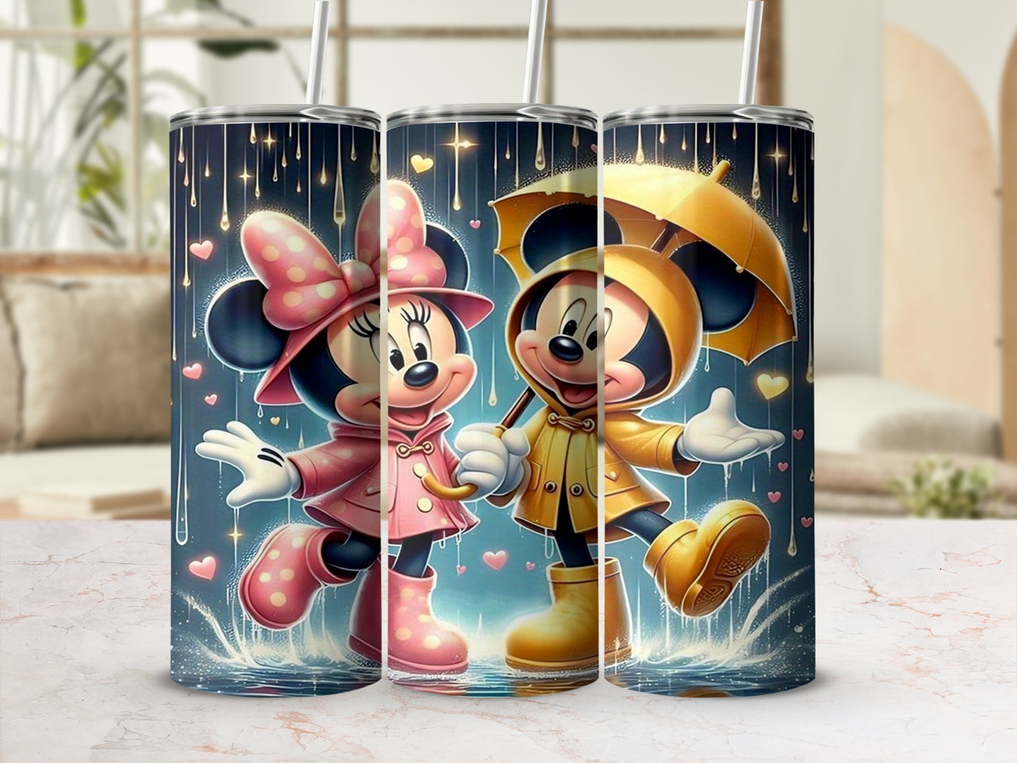 Minnie and Mickey Mouse in raincoats and boots under an umbrella.