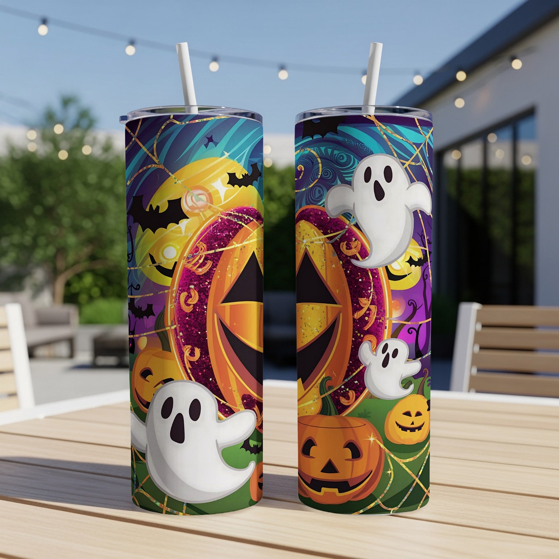 Two Halloween-themed tumblers featuring pumpkins, ghosts, bats, and cobwebs.