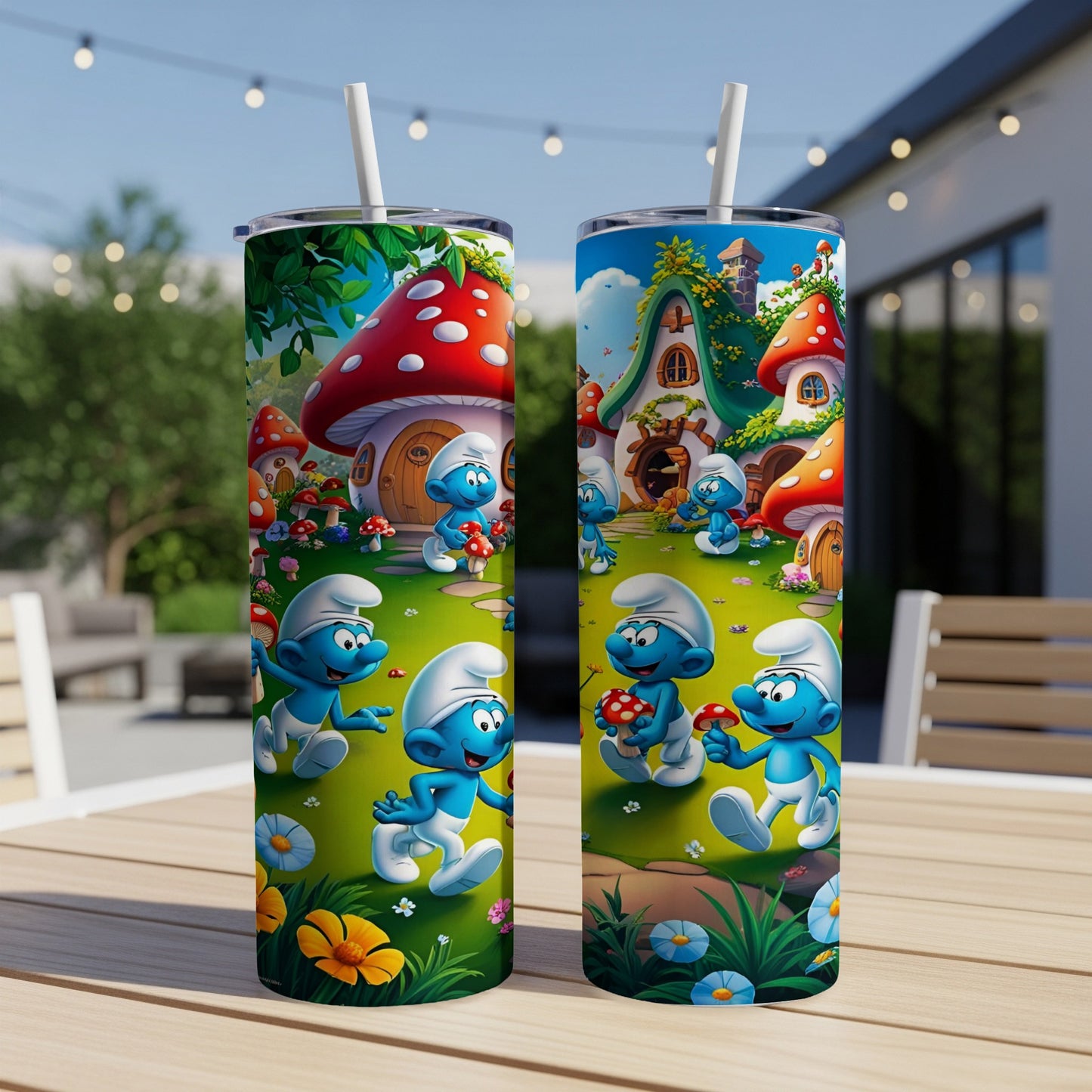 Smurfs in a village with mushroom houses and flowers.