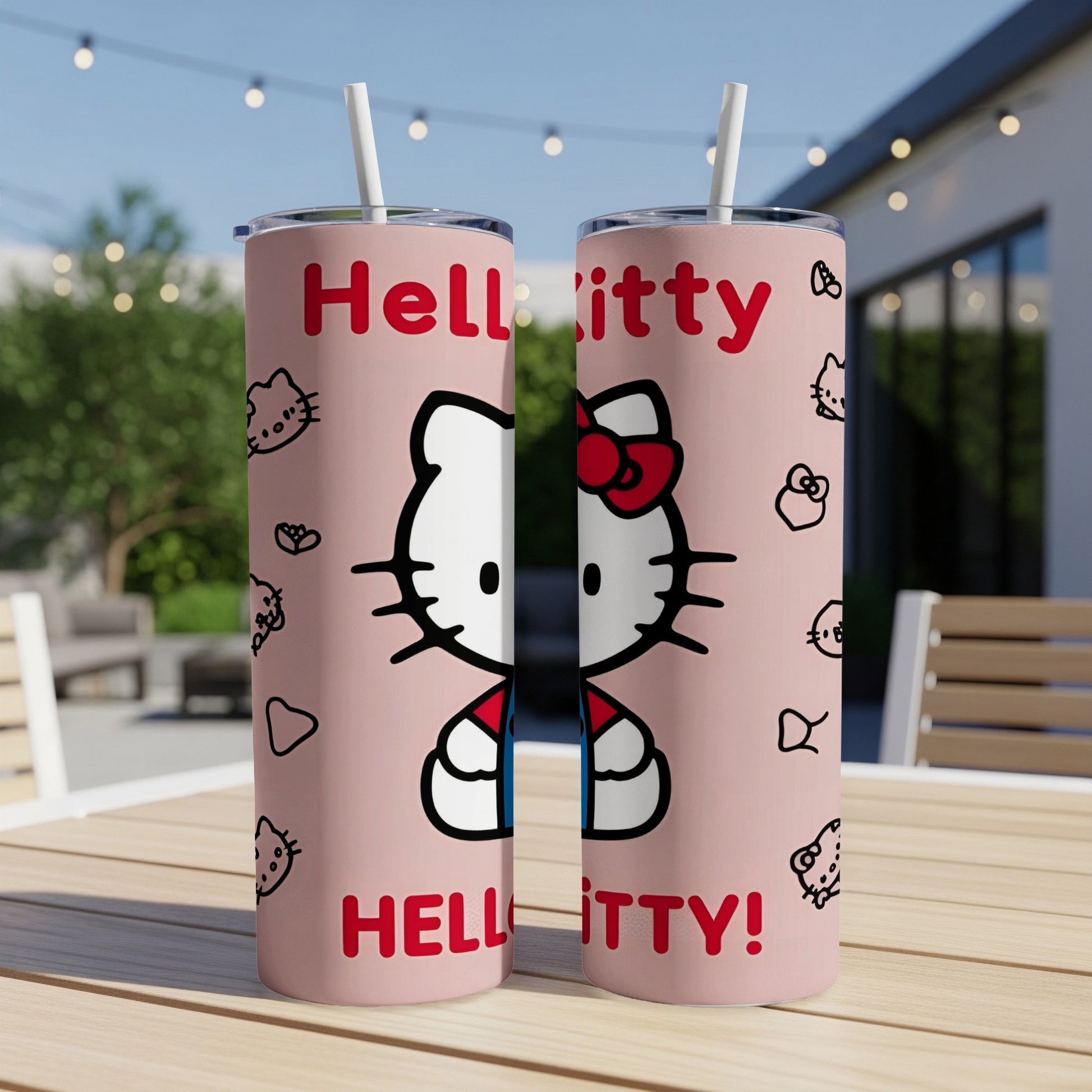 Pink tumbler with Hello Kitty character and text "HELLO KITTY!".