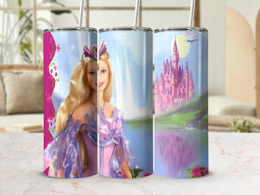 Barbie princess in pink dress with castle and landscape.