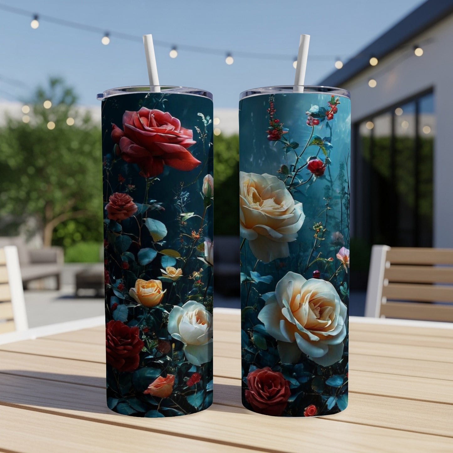 Two tumblers with a dark floral rose pattern, one on the left and one on the right.