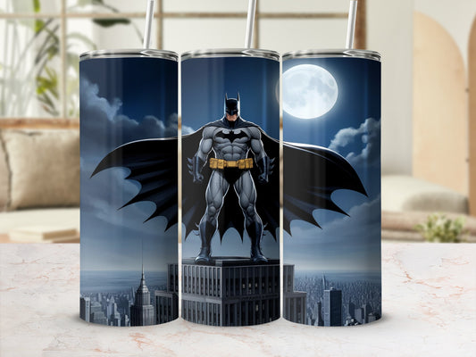 Batman standing atop a skyscraper against a moonlit city skyline.
