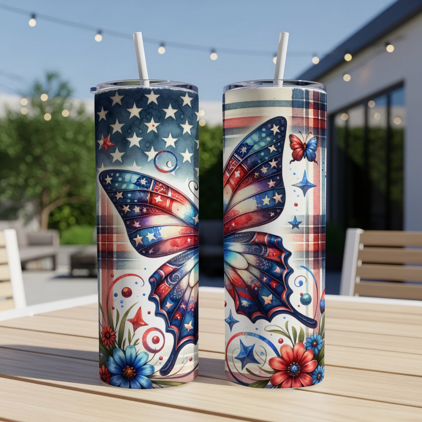 Two patriotic tumblers with butterfly wings and stars design.