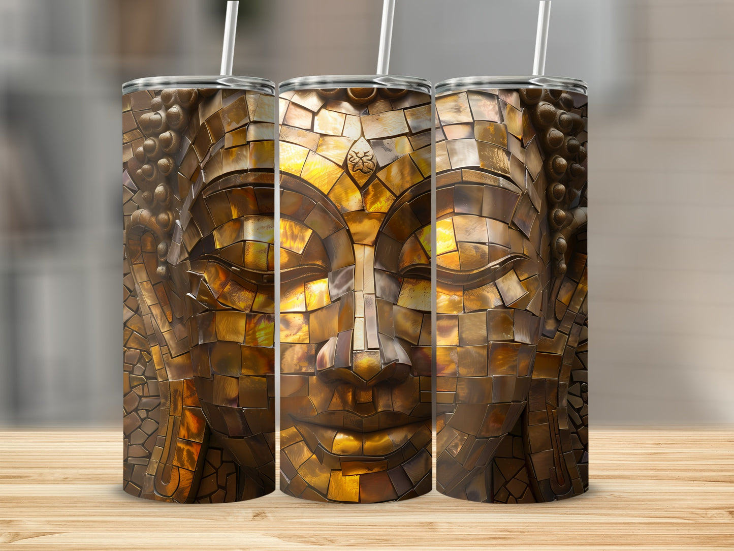 Three tumblers with a mosaic Buddha face design.