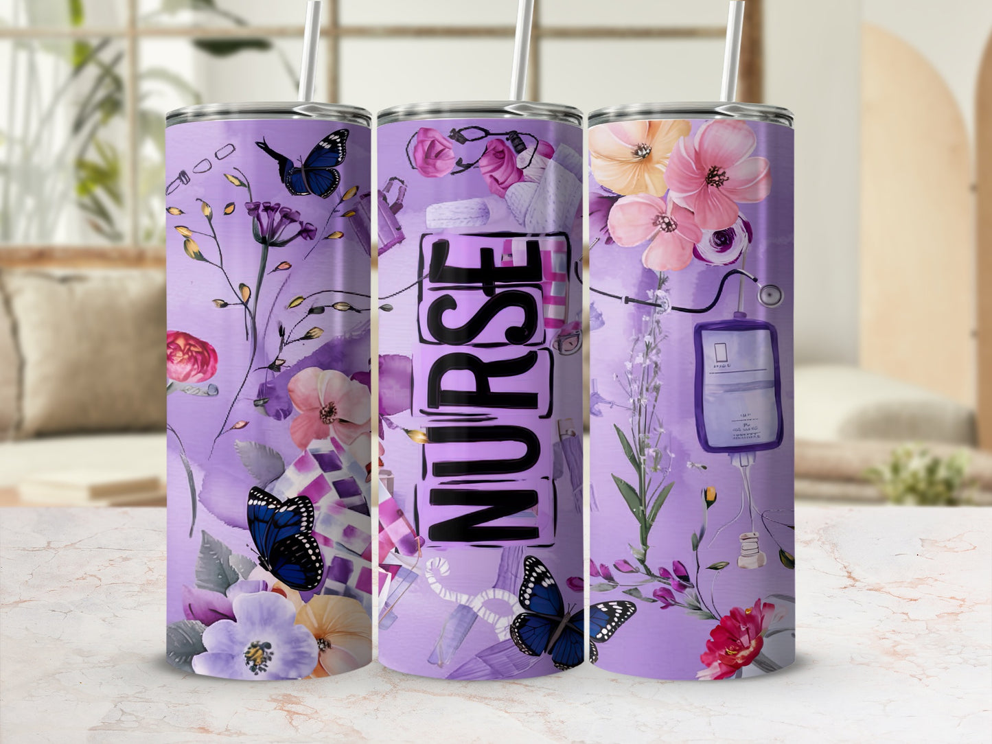 Purple tumbler with "Nurse" text and floral butterfly design.
