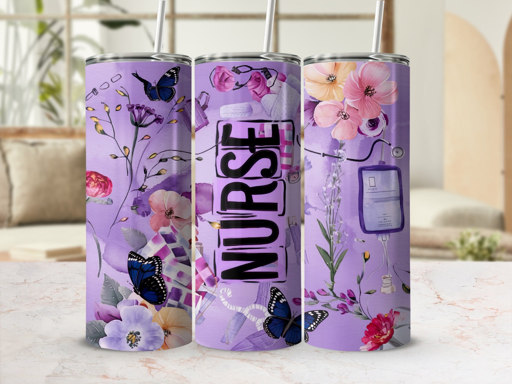 Purple tumbler with "Nurse" text and floral butterfly design.