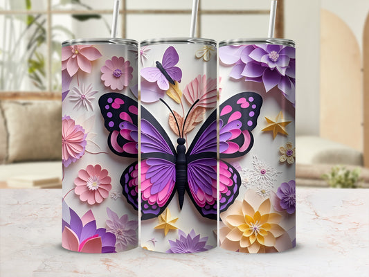 Three tumblers with butterflies and floral designs.
