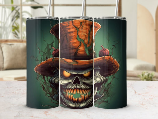 Three tumblers featuring a spooky skull with a pumpkin hat on a dark green background.