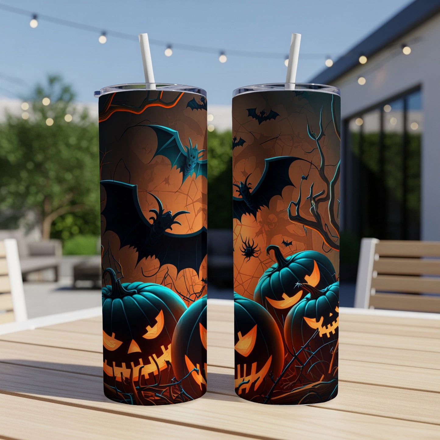 Two tumblers featuring a Halloween design with jack-o'-lanterns and bats.