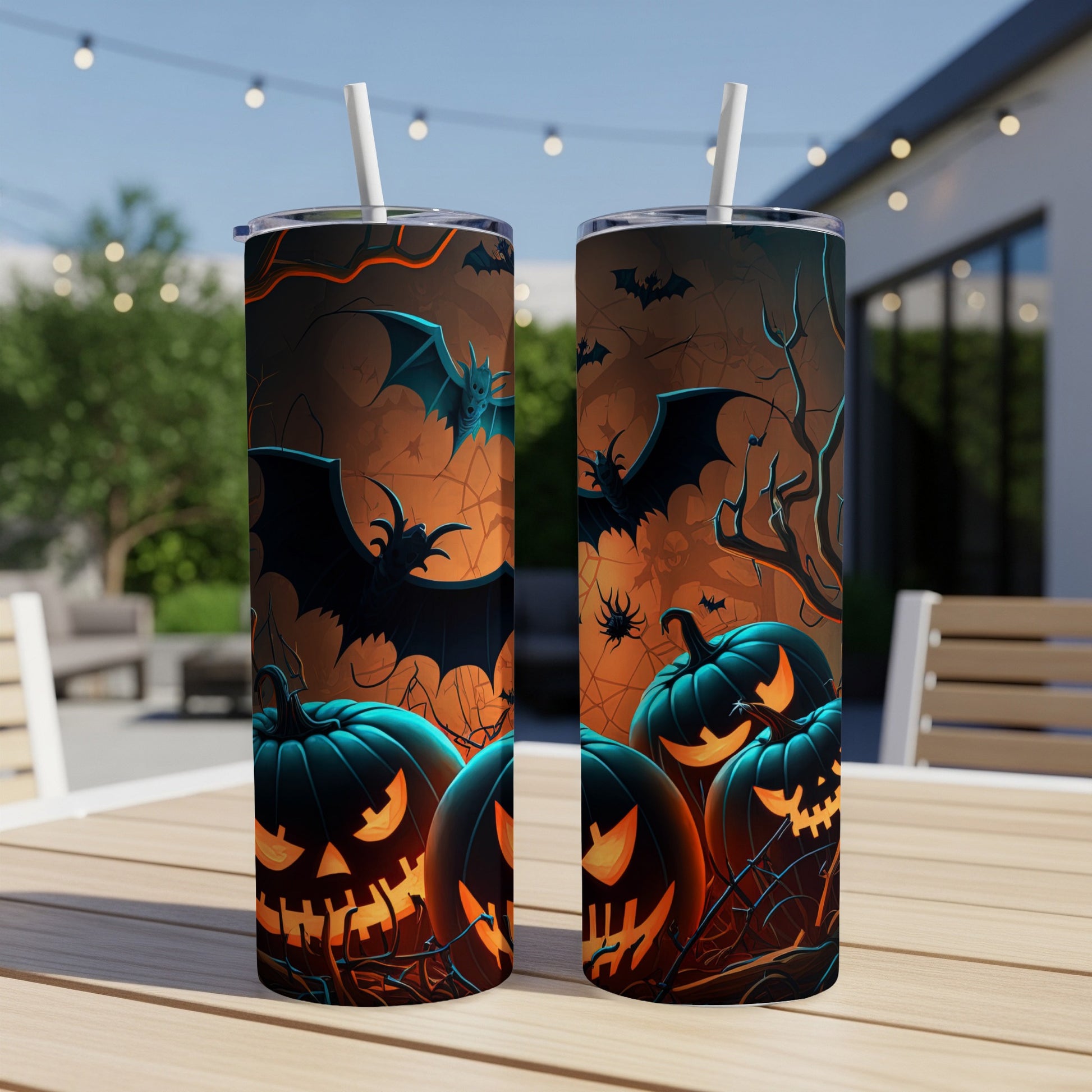 Two tumblers featuring a Halloween design with jack-o'-lanterns and bats.