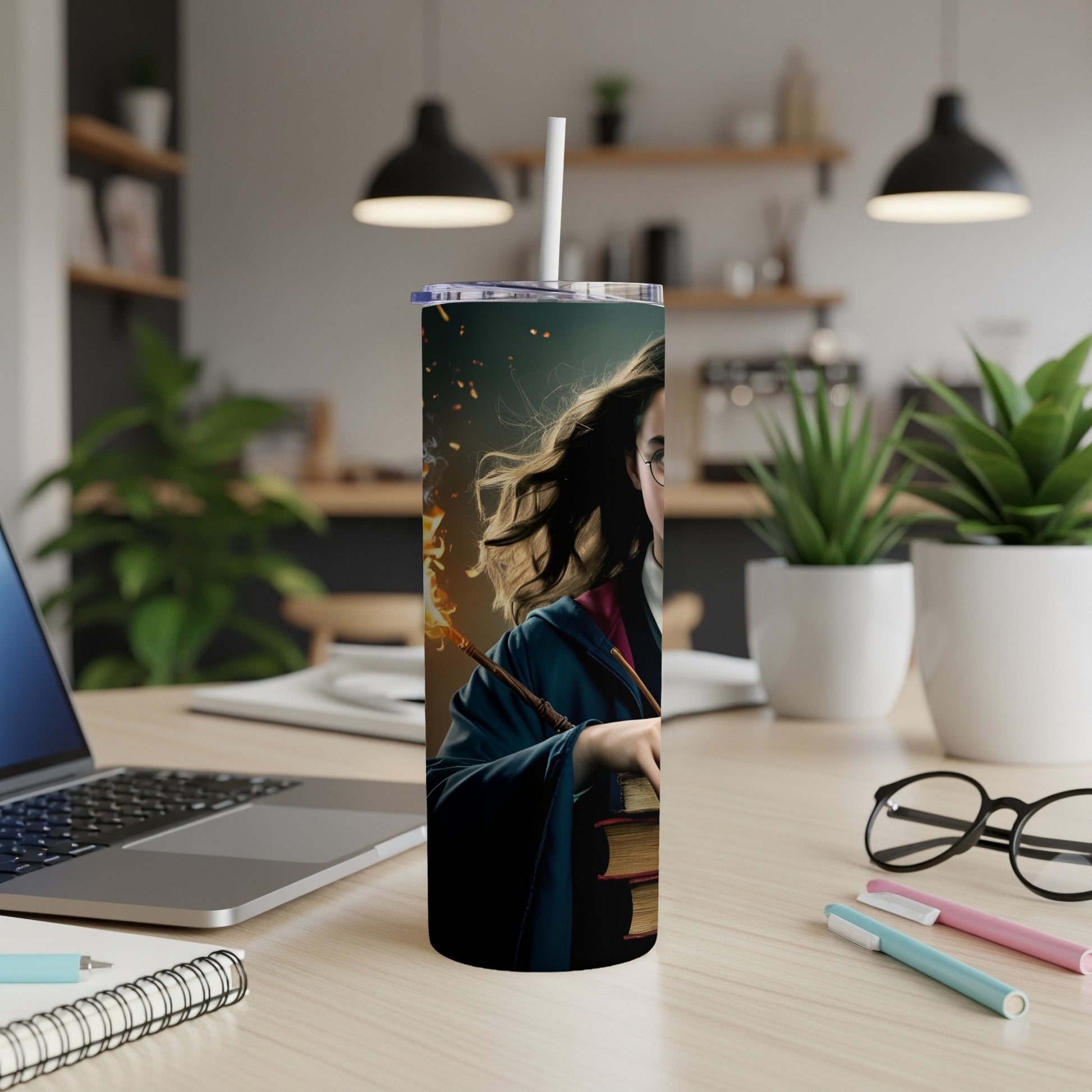 Hermione Granger with a wand and books, on a tumbler.