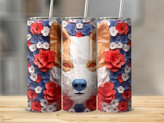 Corgy dog face surrounded by red, white, and blue floral pattern on tumblers.