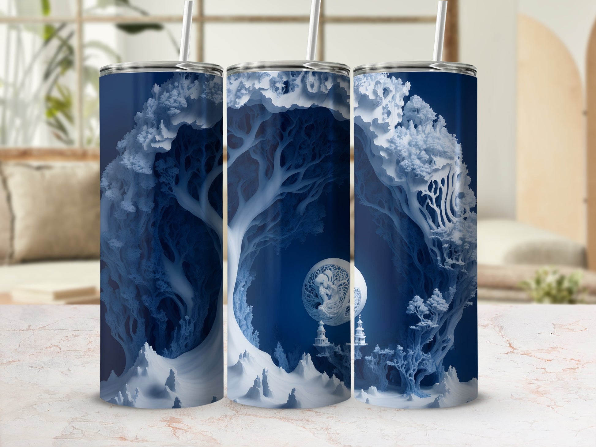 Three tumblers with a fantasy winter forest scene, moon, and crescent moons.