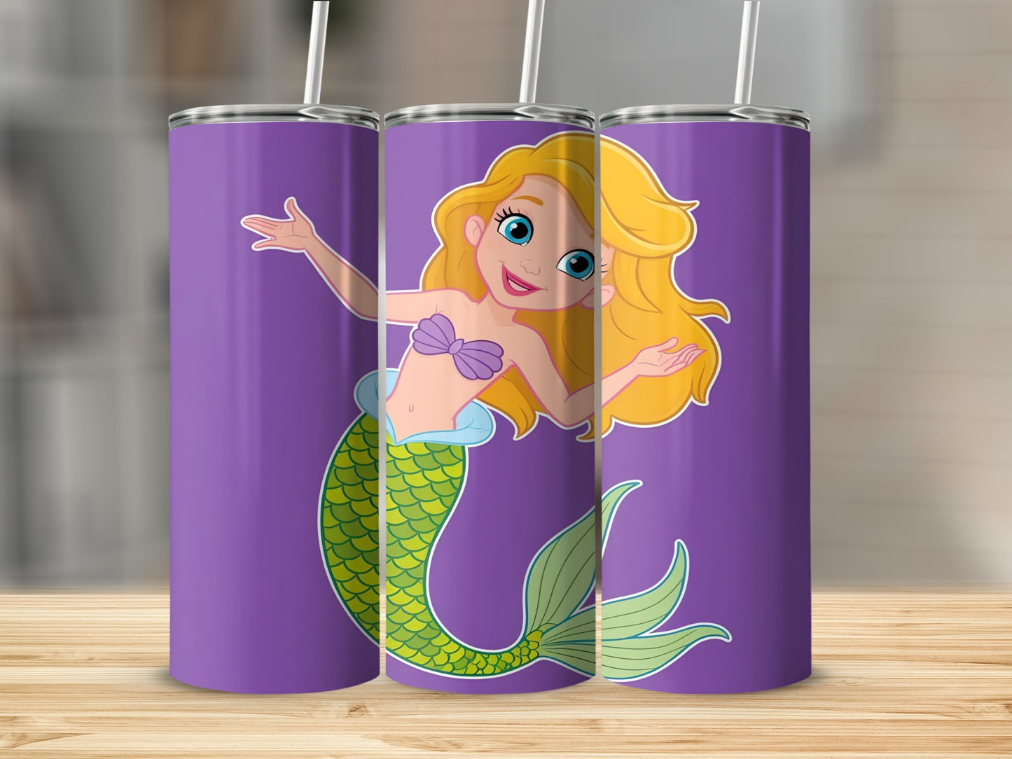 Illustration of a blonde mermaid with blue eyes on a purple tumbler.