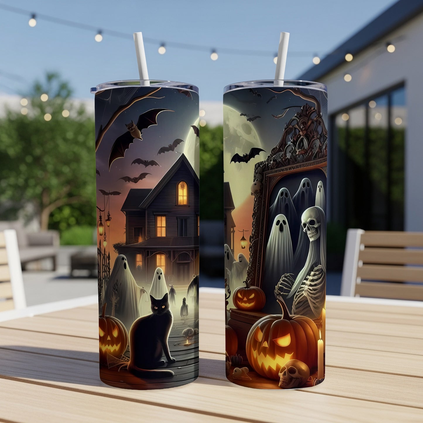 Halloween tumblers with spooky house, black cat, ghosts, skeleton, and pumpkins.
